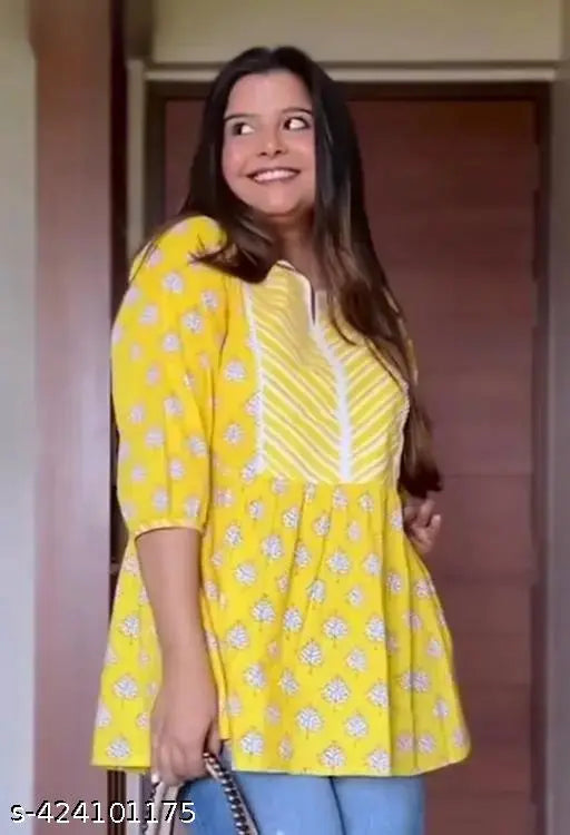 Yellow rayon short kurti, three-quarter sleeves, printed pattern for summer women's fashion, India origin