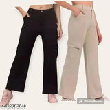 Solid cotton-lycra women's/girls cargo pants with four pockets - Indian made fashionable trouser combo