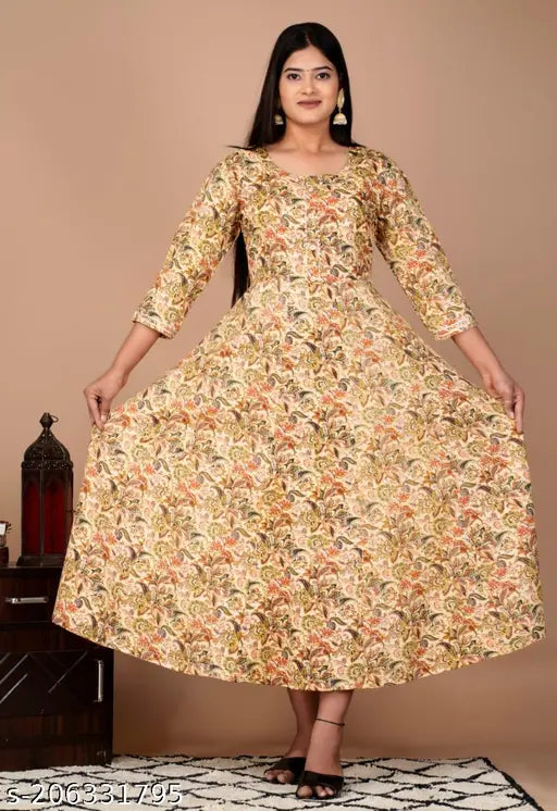 Multicolor rayon Anarkali kurti with three-quarter sleeves, printed combo for women's fashion. Sizes M (38in bust), L (40in bust), XL (42in bust), XXL (44in bust), XXXL (46in bust), available in various sizes up to 6XL. Origin: India