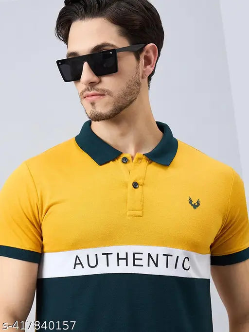 Men's cotton blend colorblock half sleeves polo neck t-shirt, short sleeves, printed pattern on denim jeans background