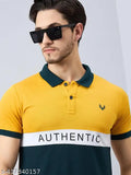 Men's cotton blend colorblock half sleeves polo neck t-shirt, short sleeves, printed pattern on denim jeans background