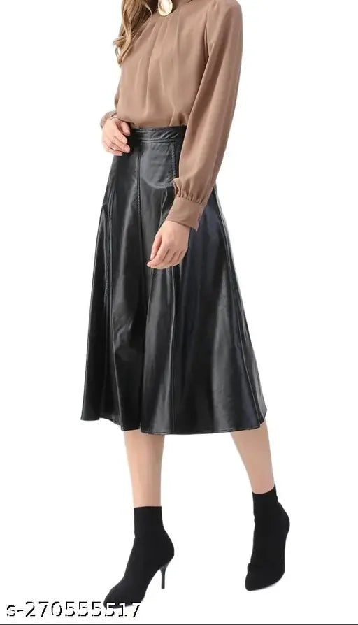 Leather-clad midi skirt, stylish and elastic for women's partywear, available in various sizes from XS to XXL