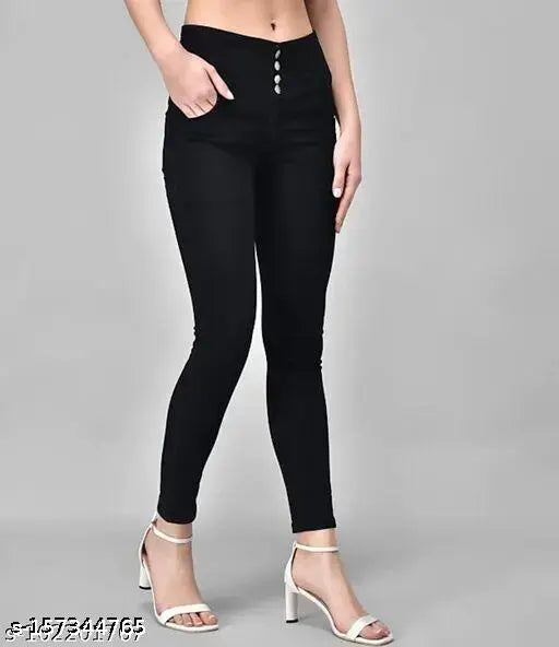 Women's black denim trending jeans, high-quality slim fit, fully stretchable, ankle length, clean look. Available sizes: 26, 30 (waist 31in, length 38in), 32 (waist 33in, length 38in), 34 (waist 35in, length 38in), 36. Made in India