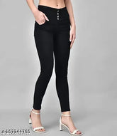 Women's black denim trending jeans, high-quality stretchable silky slim fit with four button ankle length clean look. Sizes: 26, 30 (31in/38in), 32 (33in/38in), 34 (35in/38in), 36. Made in India