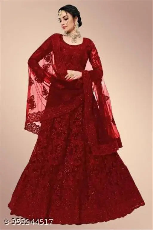 Embroidered net lehenga choli set for women's wedding/party wear, semi-stitched (LW44-LL42, DL2.2m), Indian origin