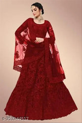 Embroidered net lehenga choli set for women's wedding/party wear, semi-stitched (LW44-LL42, DL2.2m), Indian origin