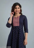 Embroidery printed rayon kurta for women and girls, three-quarter sleeves, Indian fashion print on display