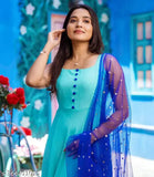 Georgette anarkali gown with dupatta, sequin butti net dupatta and fumka, customizable sleeves attach, India-made women's western style attire for M, L, XL, XXL sizes