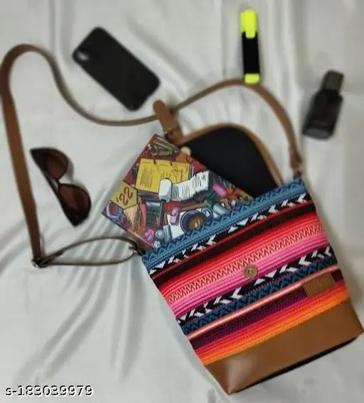 Multicolor fabric sling bag, adjustable strap, versatile women's accessory, vibrant patterns, durable, functional elegance, Indian craftsmanship