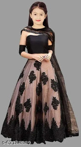Kids black sen Lehenga Choli - Dupion silk lehenga, net dupatta, semi-stitched, embroidered; Indian children's party wear, age group: 3-14 years