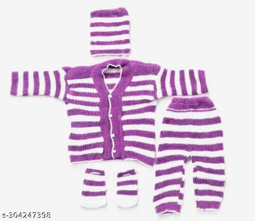 Purple wool winter set for newborn baby: hand-knitted sweater with striped top and bottom, includes cap sizes 0-3 months, country of origin India