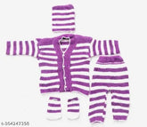 Purple wool winter set for newborn baby: hand-knitted sweater with striped top and bottom, includes cap sizes 0-3 months, country of origin India