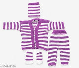 Purple wool winter set for newborn baby: hand-knitted sweater with striped top and bottom, includes cap sizes 0-3 months, country of origin India