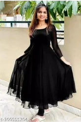 Luxurious georgette Solid combo party gown and kurtis for woman, three-quarter sleeves. Size S (36in bust, 56in length) - XXL (44in bust, 56in length). Indian handcrafted formal wear