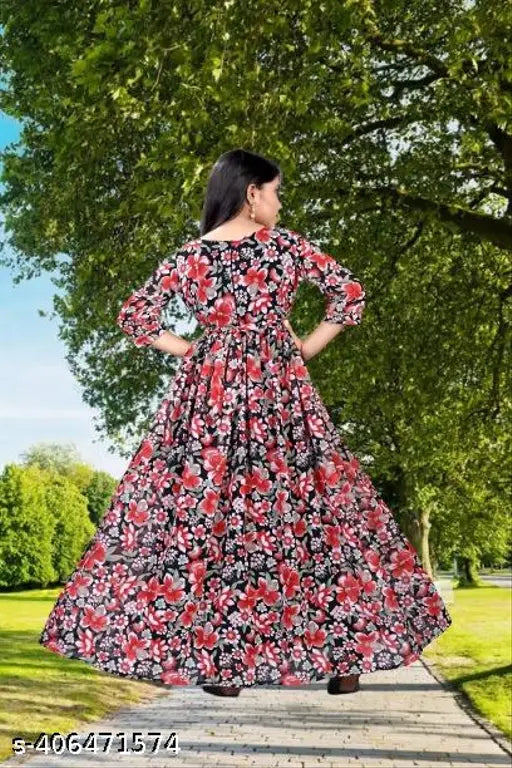 White printed net rayon gown dress for 8 to 11 year old girls, suitable for parties and weddings