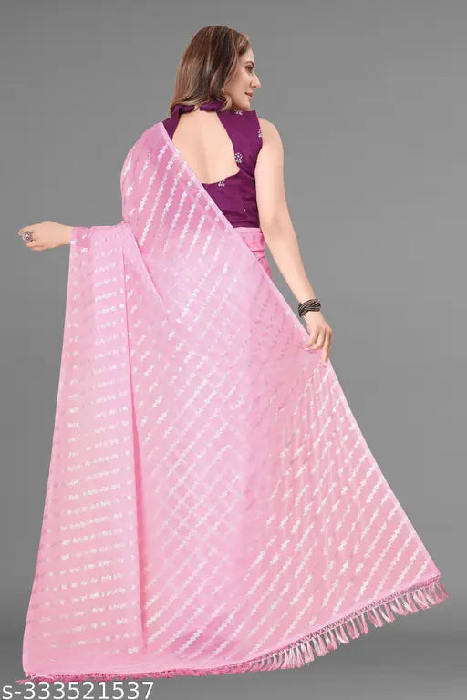 Pink Georgette Bollywood Saree with Colorblocked & Foil Printed Net Blouse, Indian handcrafted traditional women's attire