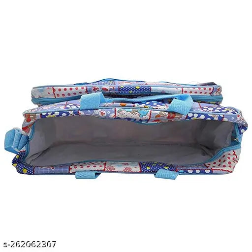 Blue cotton multipurpose mother bag with diaper changing compartments and holder, ideal for newborn babies and maternity use