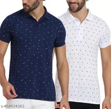 Men's printed cotton blend t-shirt with short sleeves, featuring vibrant pattern, available in sizes M, L, XL, XXL, XXXL, 4XL, and 50". Indian-made men's printed tee
