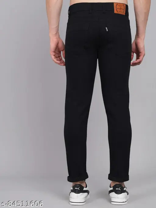 Black solid denim slim-fit men's jeans by Fude Pride. Highly durable, stretchable, and comfortable for casual or special occasions