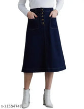 Navy blue denim Western skirt, calf length with multiple buttons and pockets, high-quality denim for women's casual wear or day-to-day style