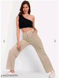 Cream nylon trousers for women, stylish and ravishing with solid pattern. (S: 26", M: 28", L: 30", XL: 32") Indian-made fashion trousers on display