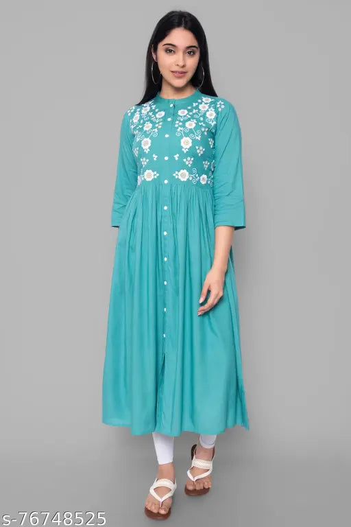 Rayon embroidered long festival kurta with three-quarter sleeves, intricately patterned, L (40in bust, 48in length) & XXL (44in bust, 48in length), Indian origin