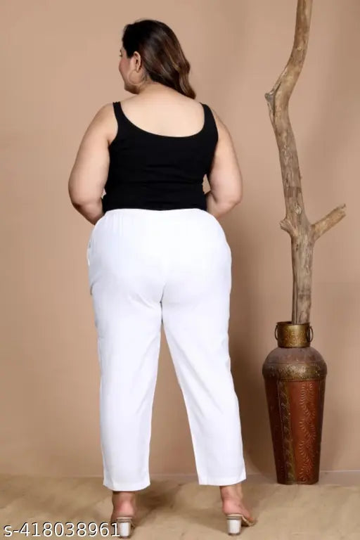 White Plus Size Solid Cotton Lycra Jumbo Pant, stretchable straight trousers with side pockets