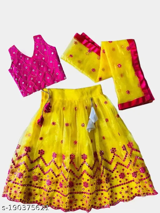 New silk and net lehenga choli set, embroidered ribbon work, Indian-made kids wear