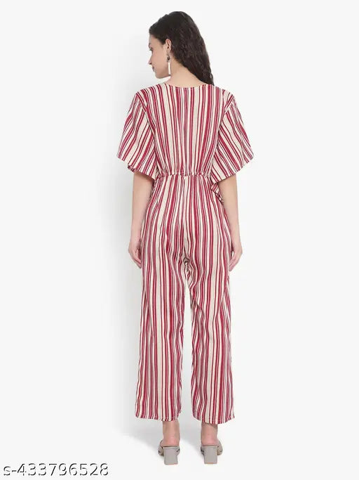 Striped crepe short-sleeve jumpsuit, size XS (32in bust, 43in length, 24in waist, 30in hip, 61in shoulder). Indian-made striped jumpsuit on mannequin