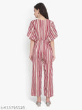 Striped crepe short-sleeve jumpsuit, size XS (32in bust, 43in length, 24in waist, 30in hip, 61in shoulder). Indian-made striped jumpsuit on mannequin