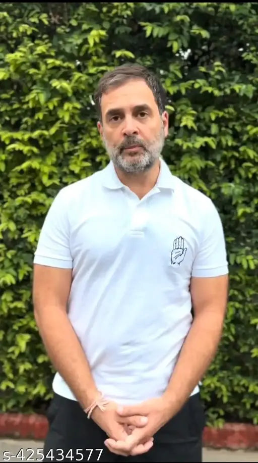 White polycotton short-sleeve solid t-shirt, 'Rahul' branded collar. Life-time print. Sizes: S(36in/26in), M(38in/27in), L(40in/27in), XL(42in/27in). Made in India