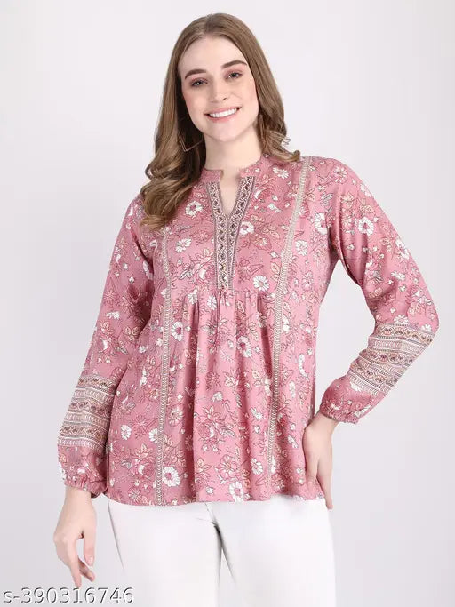 Rayon ethnic balloon sleeve tops, printed net, long sleeves for women and girls, India origin