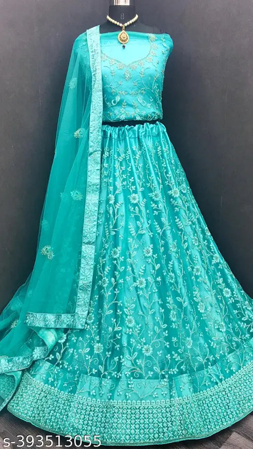 Sea Green Elegance Lehenga Choli Set with Dupatta and Blouse - Embroidered net fabric, free size, perfect for bridalwear or ethnic events