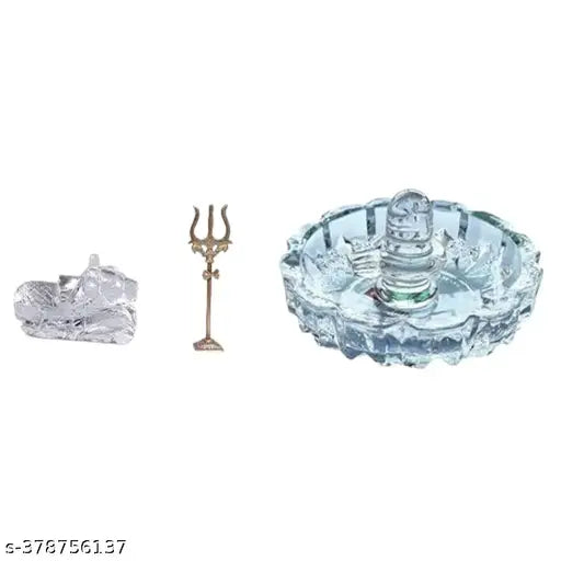 Crystal Shivling with Bowl & Brass Trishul, Perfect for Puja & Goodluck Gift - India-made Sphatik Shivling Set, 6cmL x 5cmH x 3cmB