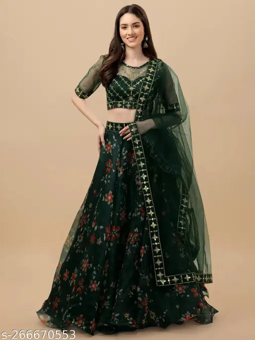 Embroidered floral net lehenga set with choli and lace dupatta, semi-stitched, Indian origin