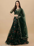 Embroidered floral net lehenga set with choli and lace dupatta, semi-stitched, Indian origin