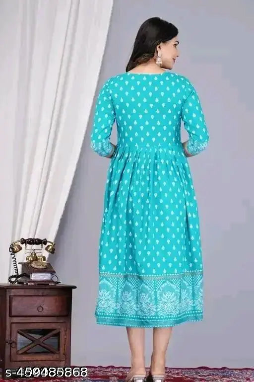 Sky blue rayon three-quarter sleeve buti print blouse, featuring vibrant combo pattern. On mannequin, size S (bust 36in, length 36in)