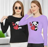Black cotton blend women's long-sleeve round neck T-shirt pack (2), lavender print, available in sizes S-XL