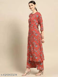 New orange rayon Kurta set with printed net Palazzos, three-quarter sleeves, women's wear - size M, L, XL, XXL - Indian origin