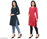 Navy blue woolen women's short kurti with long sleeves, printed pattern. Comfortable and versatile winter wear from IndiStar