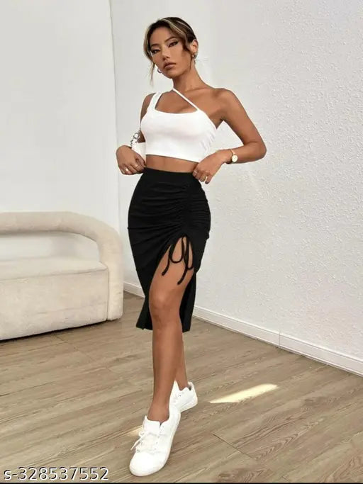 BuzzKill Ruby Black mid-length skirt for women, solid polyester design with a fancy side cut