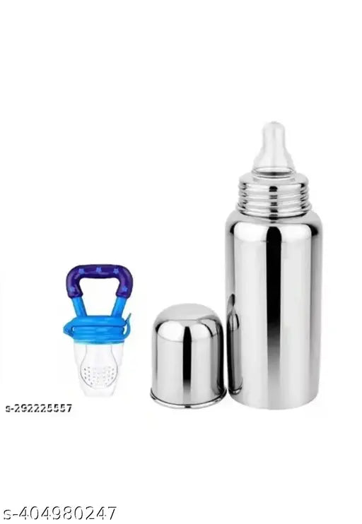 Silver stainless steel kids feeding bottle, zero percent plastic, no leakage (pack of two)