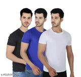 Black, blue & white men's t-shirts (N=3): S-XXL polyester, short sleeves, gym wear, versatile for gatherings, lightweight & machine washable - Made in India