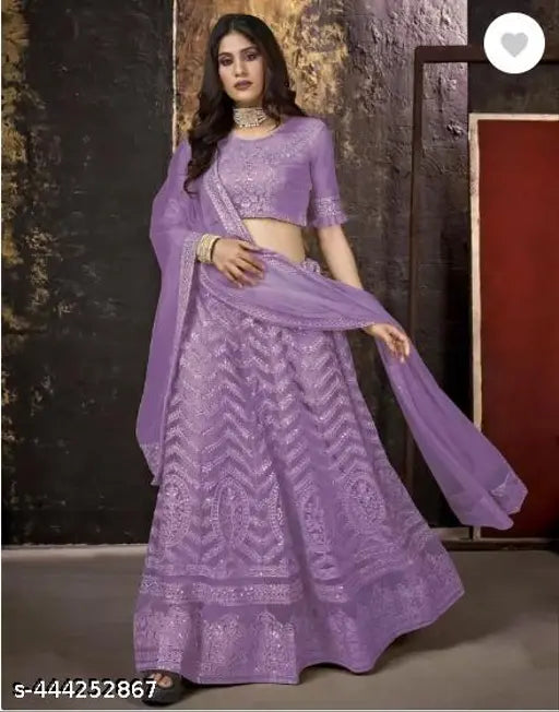 Embroidered net lehena choli and dupatta set, semi-stitched (42in x 44in x 12in), India