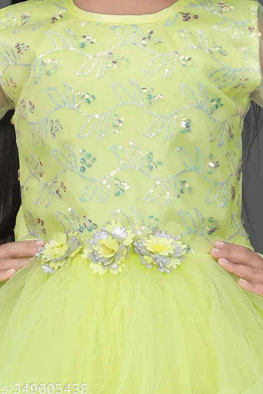 DancingYellow net party frock with printed pattern, three-quarter sleeves for children's fashion (3-10 years), made in India