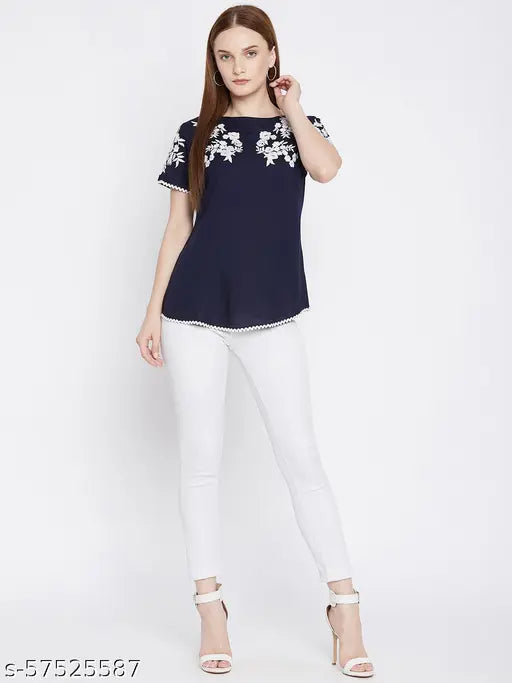 Stylish cotton three-quarter sleeve tunics with embroidered lace work, casual tops for women, Indian origin