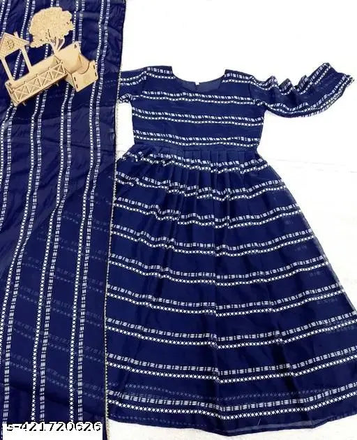 Striped georgette three-quarter sleeve women's gown, fashionable striped dress for formal events, made in India (N: S, M, L, XL)