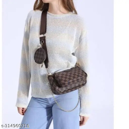 Luxury leather textured net brown bag set of 3 - free size, ideal for events or travel accessory