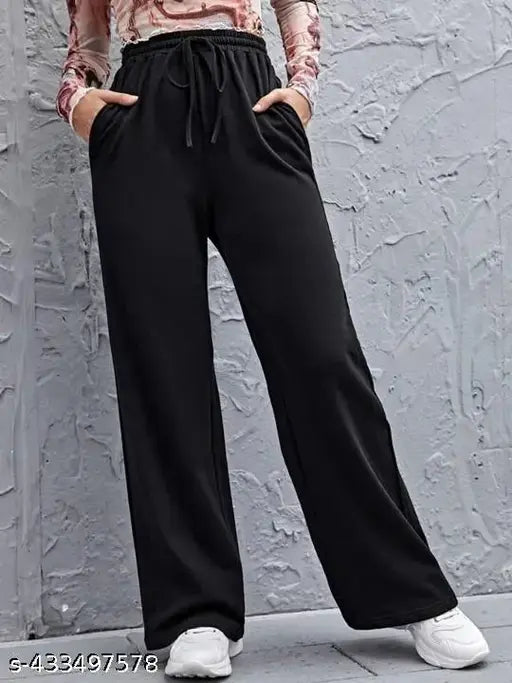 Black cotton blend women's trouser, comfortable for gym, yoga, and casual wear. Made with French terry fabric, origin India