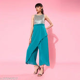 Purple georgette embellished jumpsuit by Miss Chase, turquoise accents, round neck, sleeveless, with side pockets